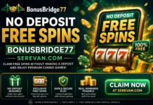 No Deposit Free Spins BonusBridge77 Serevan.com: What the Operator Conceals from You BonusBridge77 no deposit free spins offer on Serevan.com featuring a slot machine, casino chips, gold coins, and promotional casino bonus banner."
