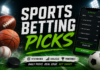 Sports Betting Picks 2026: How to Find Winners Professional sports betting picks promotional graphic featuring a football, basketball, baseball, soccer ball, and hockey puck on a stadium field. Large bold text reads “Sports Betting Picks” beside a smartphone displaying betting odds and a parlay slip. Stadium lights, green smoke effects, and a high-energy sports betting theme create a modern, dynamic design.