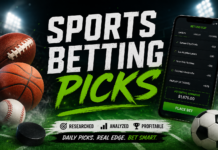 Sports Betting Picks 2026: How to Find Winners Professional sports betting picks promotional graphic featuring a football, basketball, baseball, soccer ball, and hockey puck on a stadium field. Large bold text reads “Sports Betting Picks” beside a smartphone displaying betting odds and a parlay slip. Stadium lights, green smoke effects, and a high-energy sports betting theme create a modern, dynamic design.