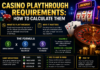 Casino Playthrough Requirements: How to Calculate Them Casino playthrough requirements infographic explaining how to calculate wagering requirements before withdrawing bonus funds. The image features a slot machine, roulette wheel, playing cards, casino chips, and a formula showing bonus amount multiplied by the wagering multiplier. Sections cover playthrough basics, game weighting percentages, calculation examples, and practical tips for meeting casino bonus requirements.