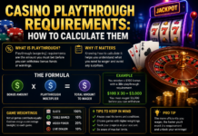 Casino Playthrough Requirements: How to Calculate Them Casino playthrough requirements infographic explaining how to calculate wagering requirements before withdrawing bonus funds. The image features a slot machine, roulette wheel, playing cards, casino chips, and a formula showing bonus amount multiplied by the wagering multiplier. Sections cover playthrough basics, game weighting percentages, calculation examples, and practical tips for meeting casino bonus requirements.