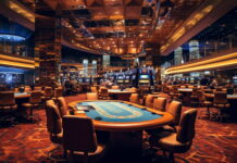 Slot Smugglers Cove Review 2026: Pirate Slot Worth Playing Online casino gaming room with poker table, slot machines, and casino atmosphere for Slot Smugglers Cove review 2026