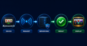 Flow diagram showing how an online slot spin request travels from a player's device to the server RNG before the result is returned and displayed on the screen.