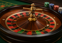 Roulette Wheel Simulator: Best Free Practice Tools Close-up of a realistic roulette wheel with a white ball resting in a numbered pocket on a casino table, featuring polished wood, gold accents, and blurred casino chips in the background.