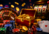 SweepShark Promo Code: Get 175,000 GC + 2 SC SweepShark promo code welcome bonus featuring casino chips, gold coins, a roulette wheel, slot machine, and playing cards