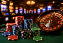 Chipy Casino Welcome Bonus: How to Claim It Chipy Casino welcome bonus concept with casino chips, a roulette wheel, and slot machines in a modern casino setting