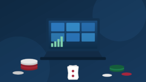 BetMGM Q2 revenue report showing an online casino platform on a laptop with casino chips and gaming elements.